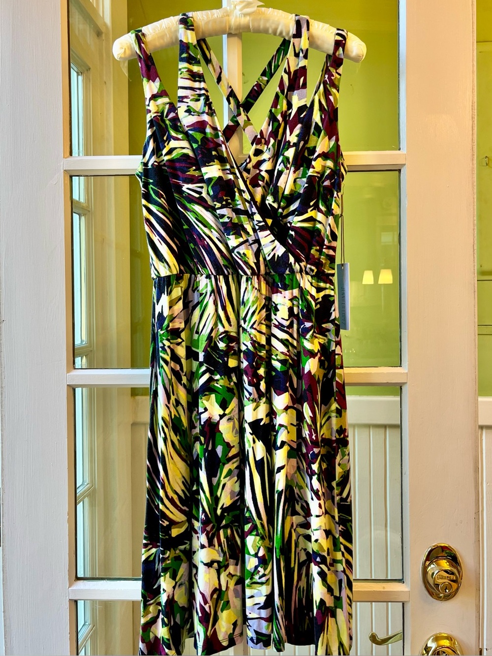 NWT Jennifer Lopez Multicolor Abstract Double-Strap Dress in Green Purple Black